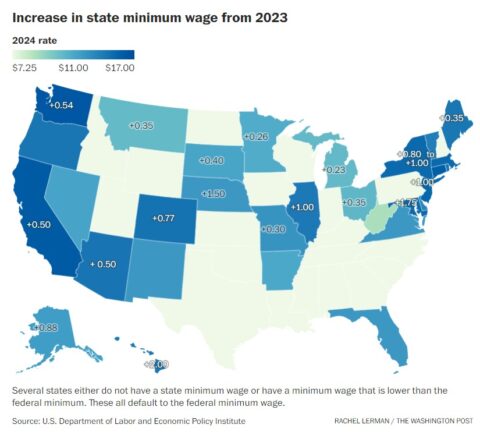 U.S. map showing amount of increase in minimum wage in each state